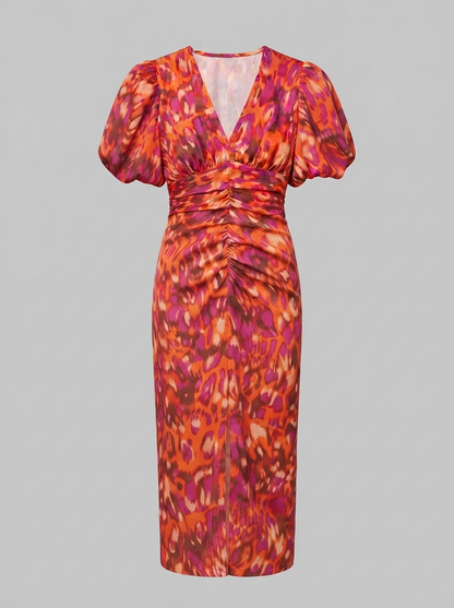 Women's Puff Sleeve Evening Dress with Vibrant Prints