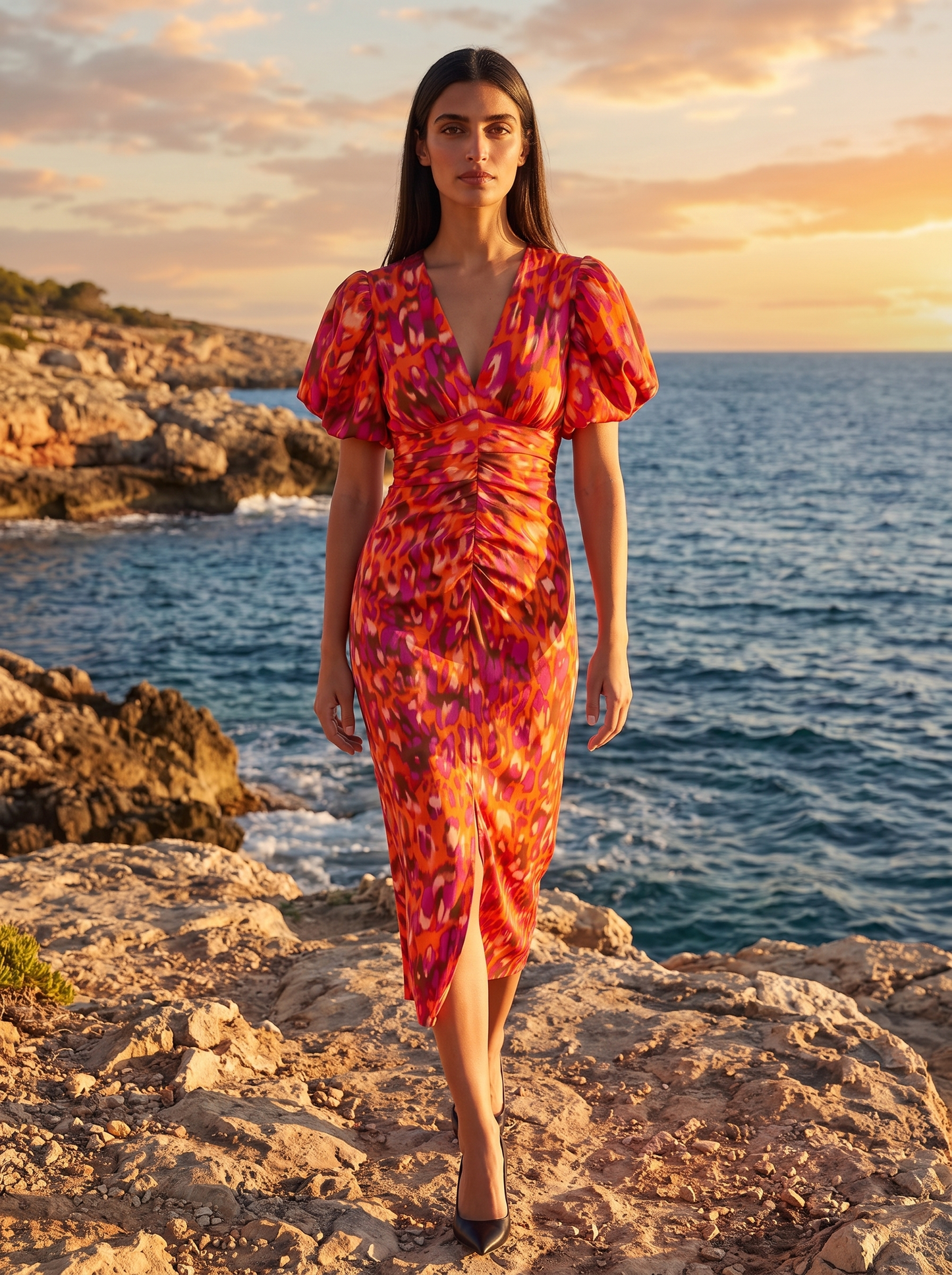 Women's Puff Sleeve Evening Dress with Vibrant Prints