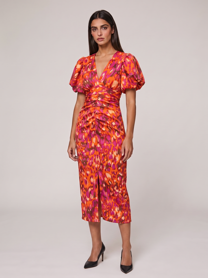 Women's Puff Sleeve Evening Dress with Vibrant Prints