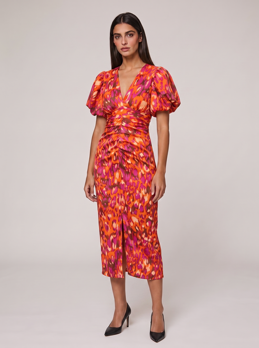 Women's Puff Sleeve Evening Dress with Vibrant Prints