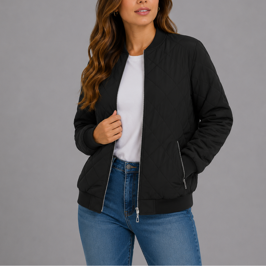Women's Quilted Bomber Jacket with Pockets