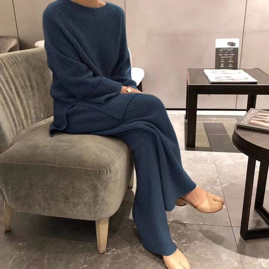 Women's Ribbed Knit Loungewear Set - Cozy Two-Piece Lounge Wear