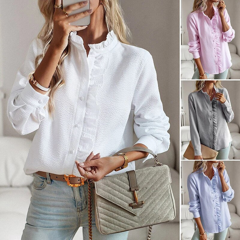 Women's Ruffled Button-Up Blouse - Long Sleeve Tops