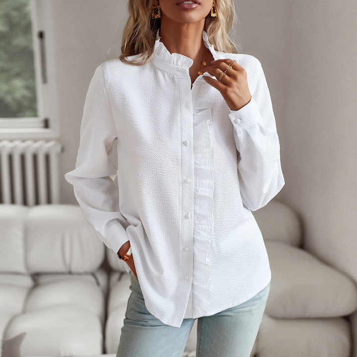 Women's Ruffled Button-Up Blouse - Long Sleeve Tops