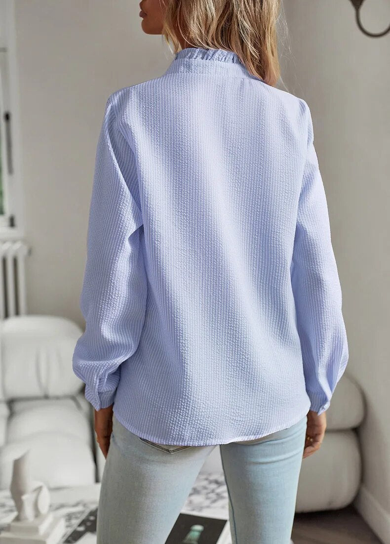 Women's Ruffled Button-Up Blouse - Long Sleeve Tops