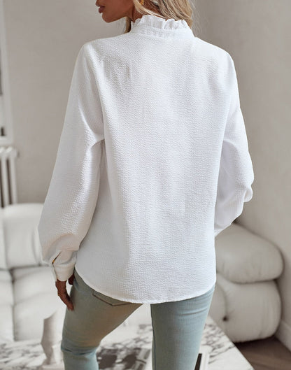 Women's Ruffled Button-Up Blouse - Long Sleeve Tops