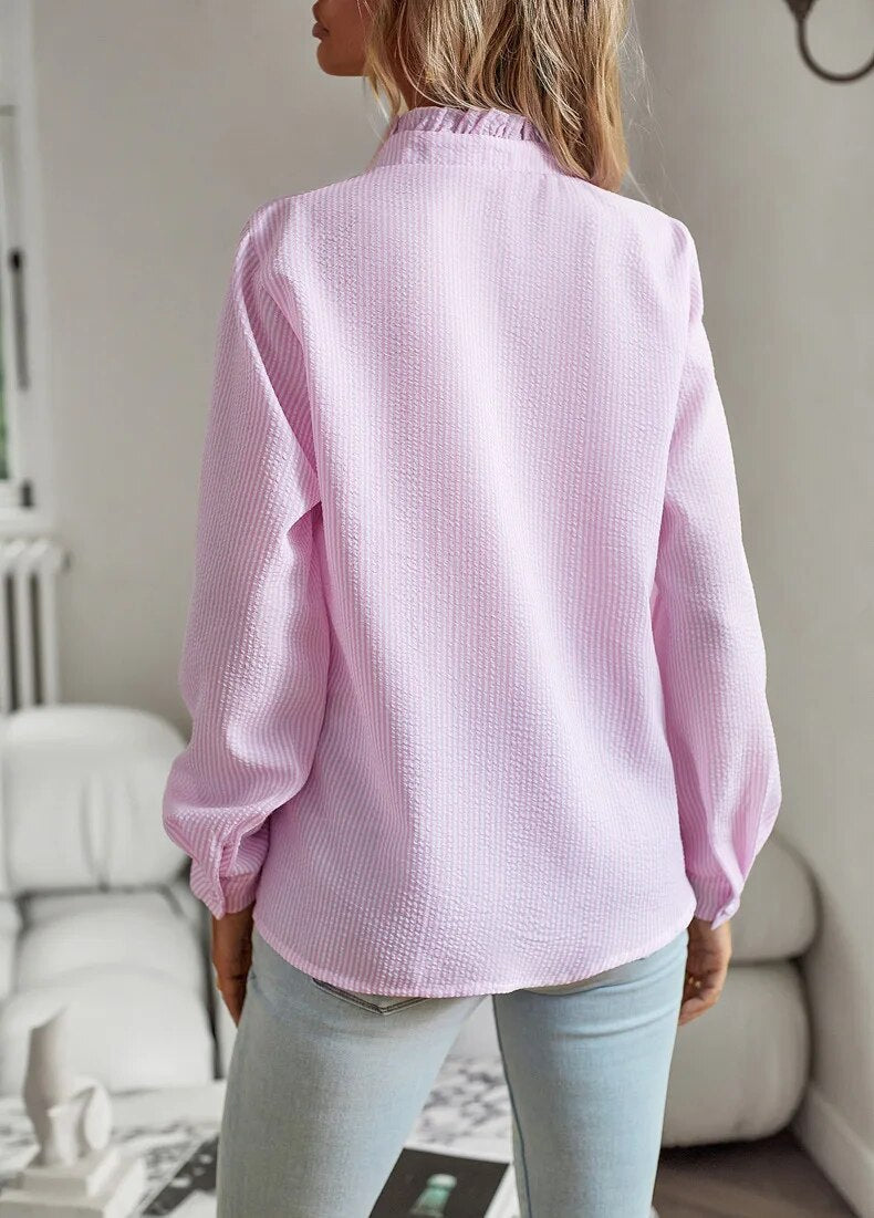 Women's Ruffled Button-Up Blouse - Long Sleeve Tops