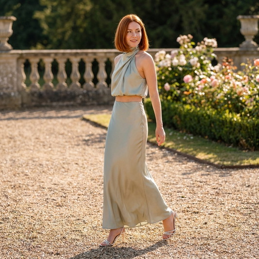 Women's Satin Halterneck Maxi Two-Piece Set