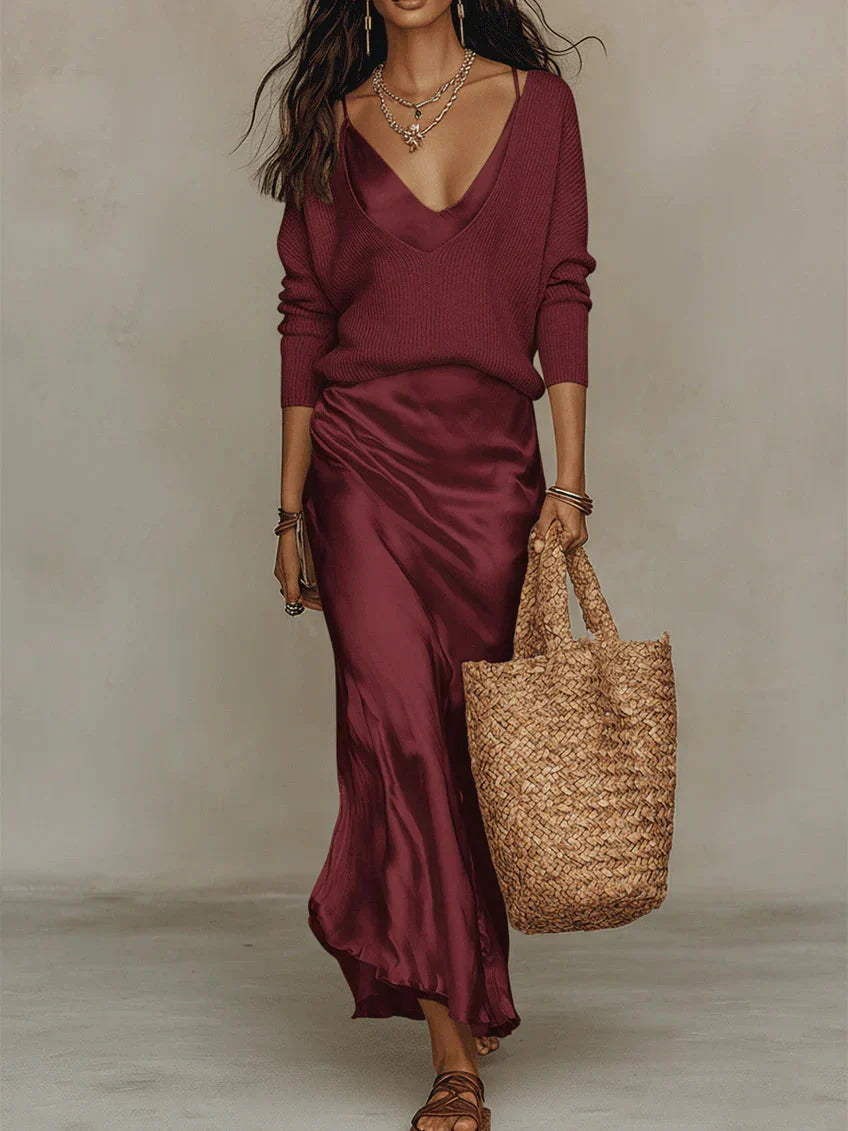 Women's Satin Midi Dress with Sweater Set