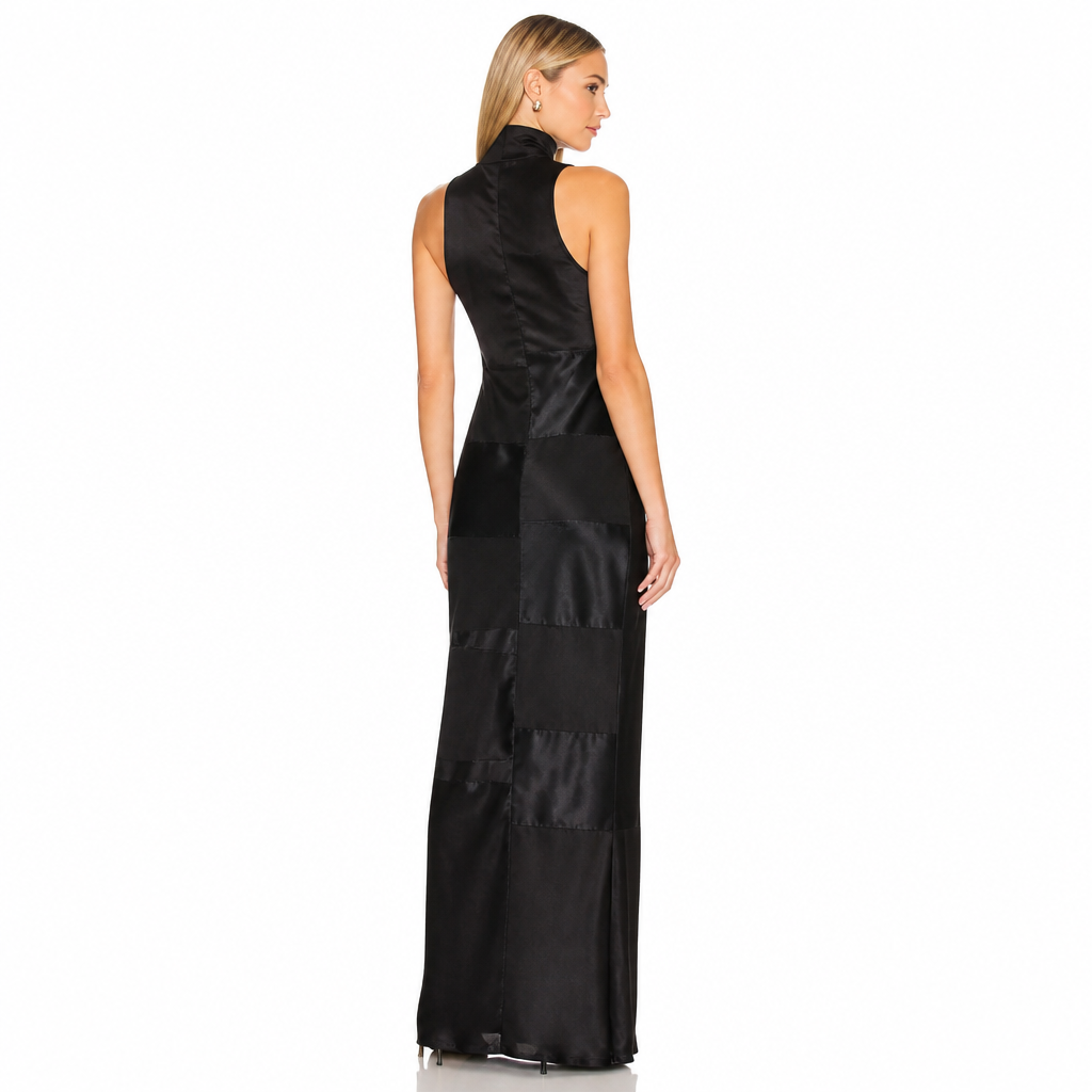 Women's Satin Turtleneck Patchwork Maxi Dress