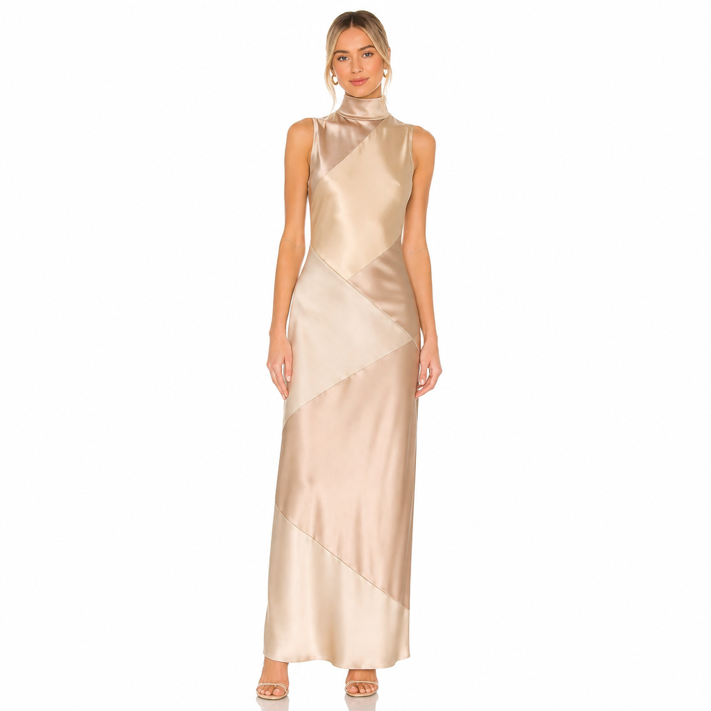 Women's Satin Turtleneck Patchwork Maxi Dress