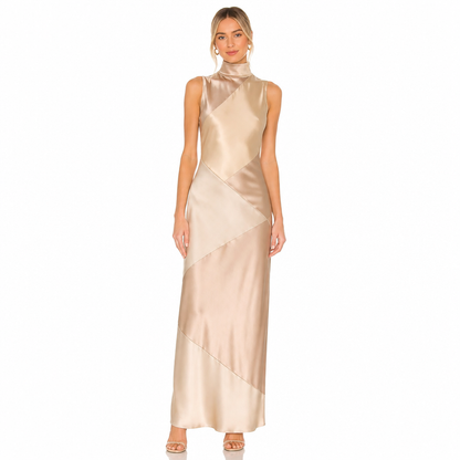Women's Satin Turtleneck Patchwork Maxi Dress
