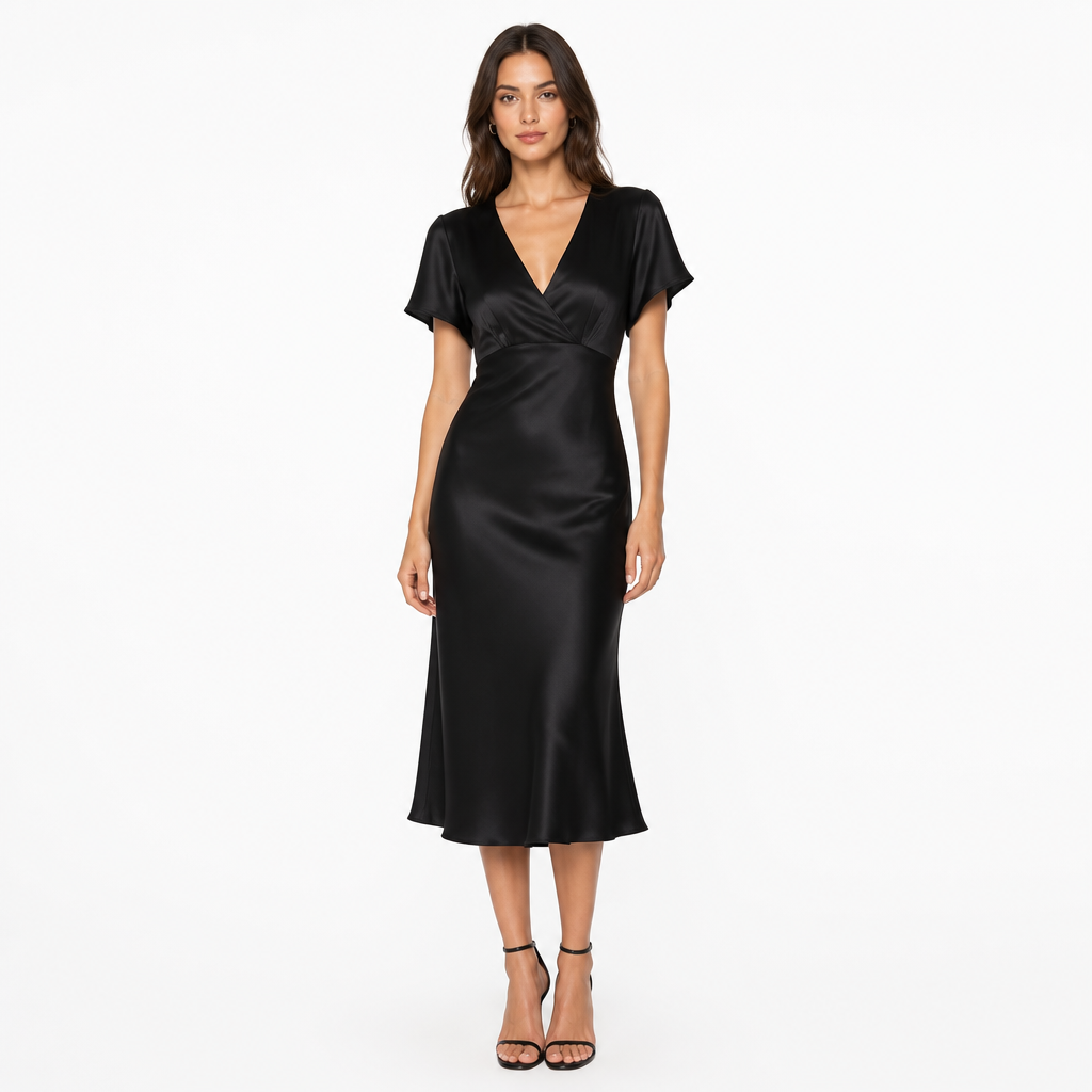 Women's Satin V-Neck Short-Sleeve Midi Dress