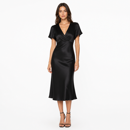 Women's Satin V-Neck Short-Sleeve Midi Dress