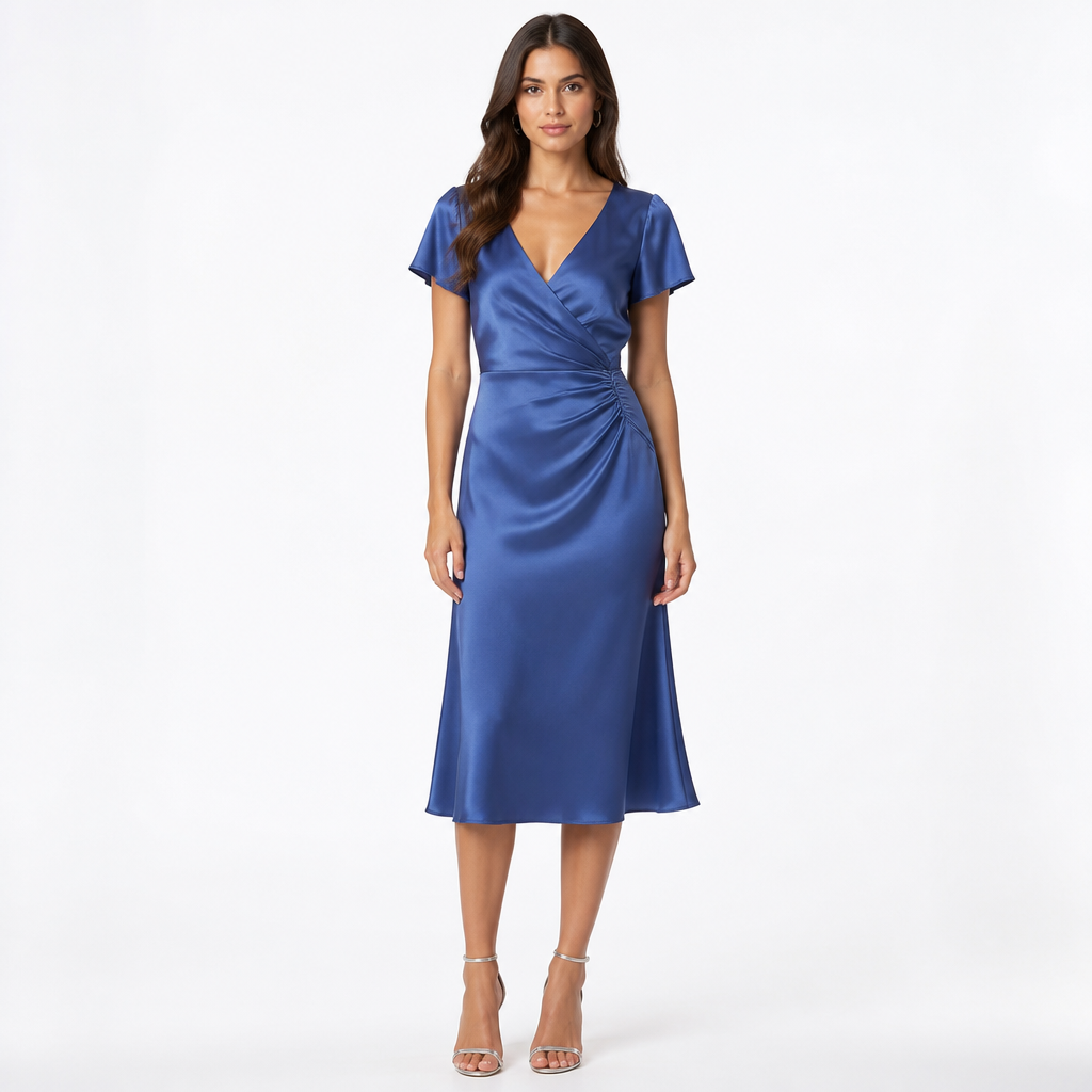 Women's Satin V-Neck Short-Sleeve Midi Dress