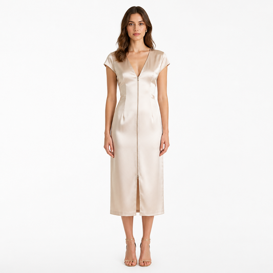 Women's Satin V-Neck Short-Sleeve Midi Dress
