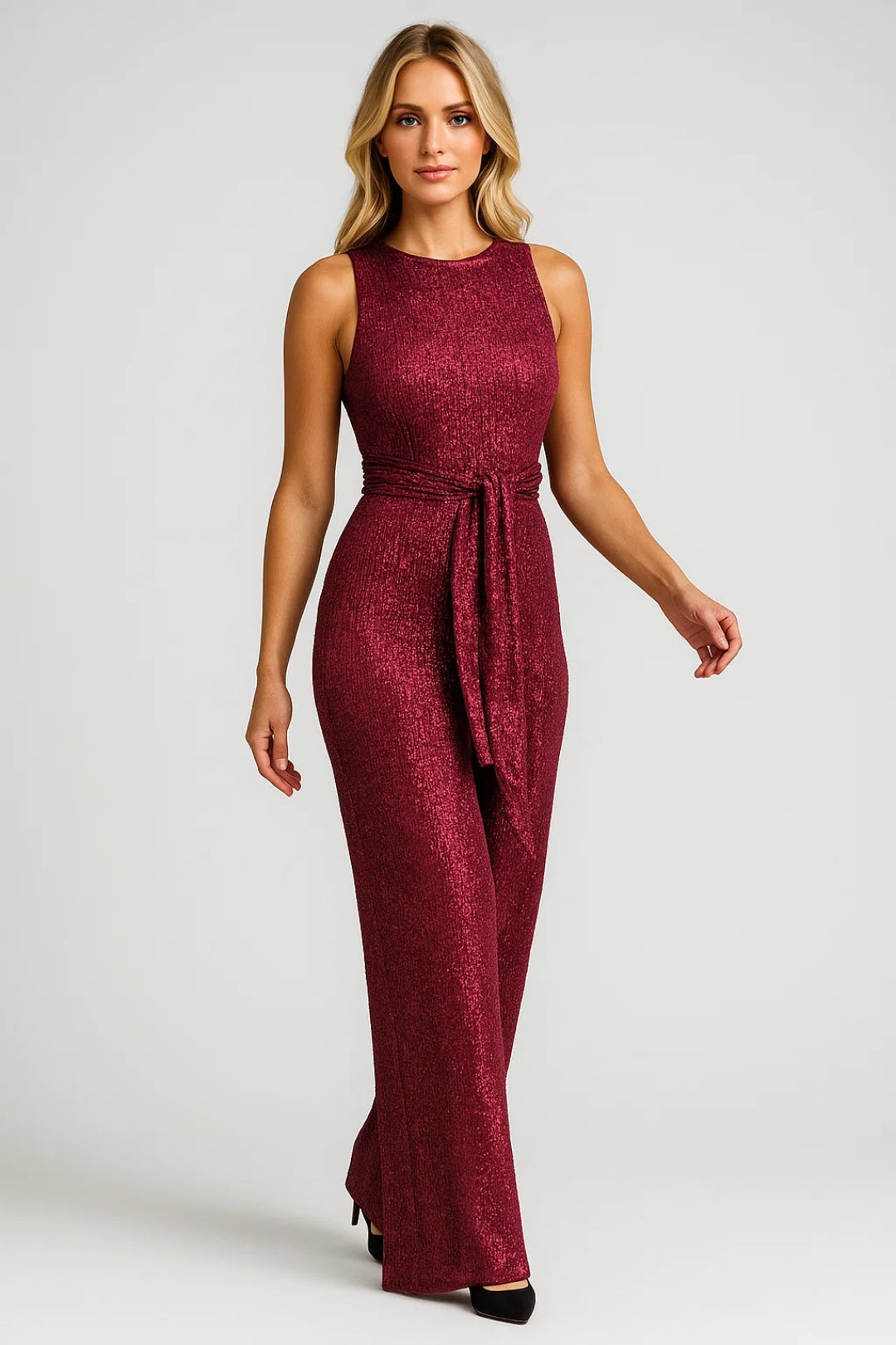 Women's Sequin Sleeveless Jumpsuit with Belt