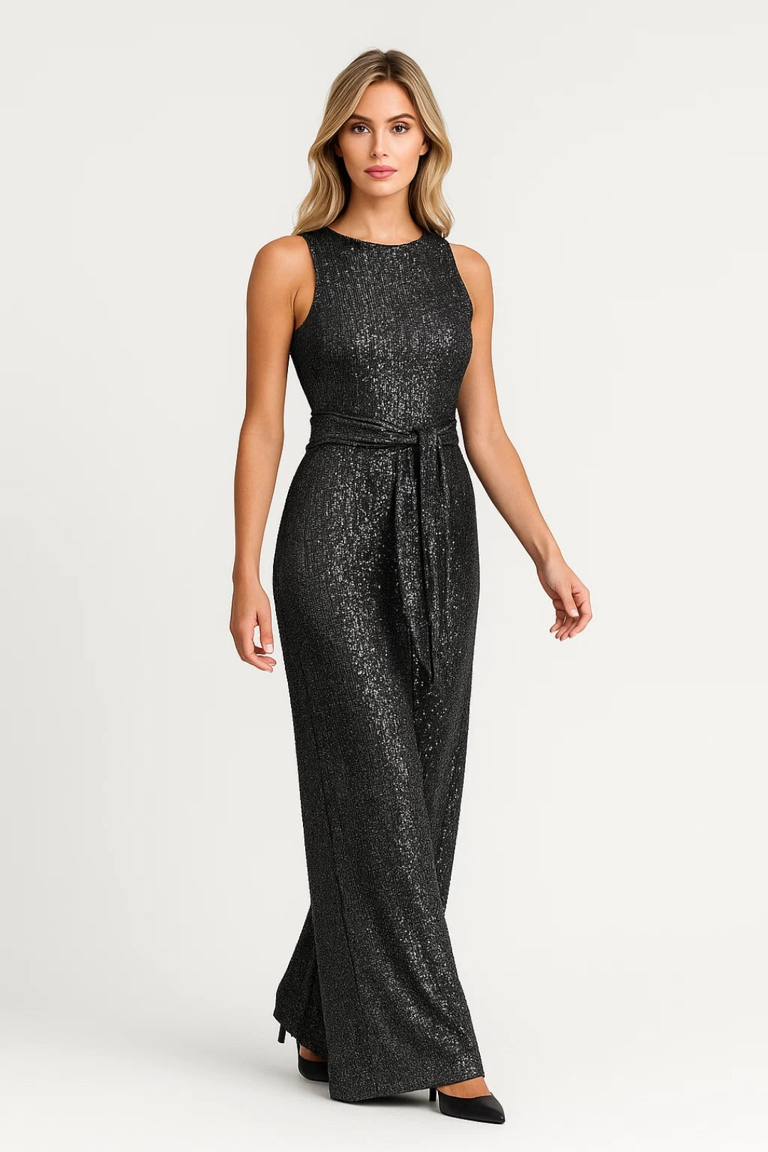Women's Sequin Sleeveless Jumpsuit with Belt