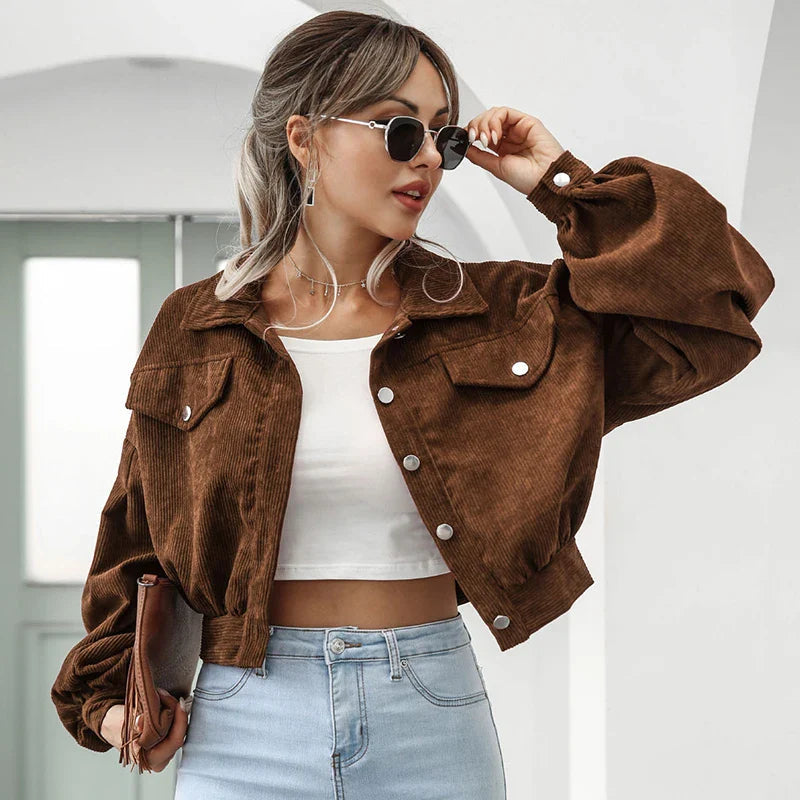 Women's Short Jacket with Button Placket and Chest Pockets
