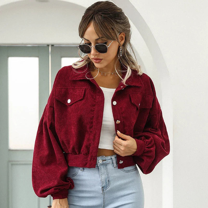 Women's Short Jacket with Button Placket and Chest Pockets