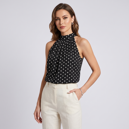 Women's Sleeveless High Neck Polka Dot Top