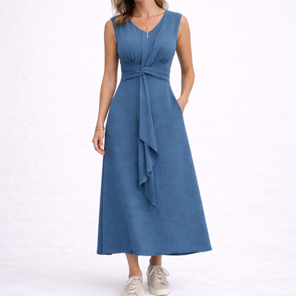 Women's Sleeveless Midi Dress with Waist Tie