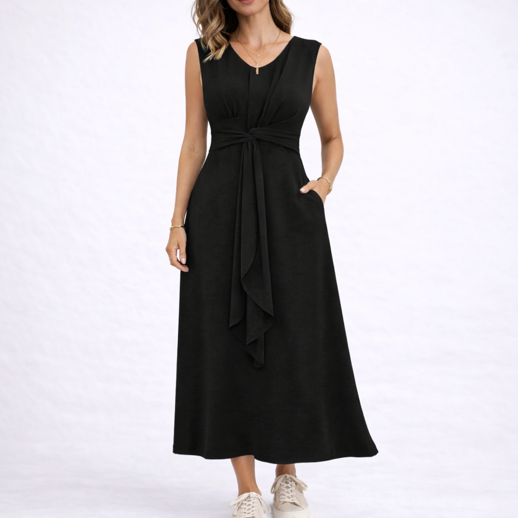 Women's Sleeveless Midi Dress with Waist Tie