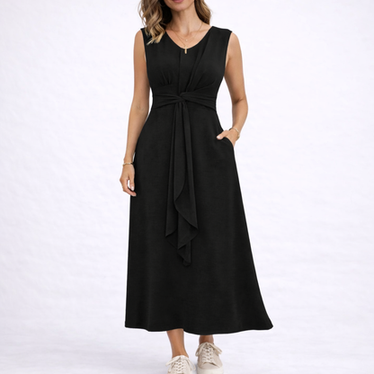 Women's Sleeveless Midi Dress with Waist Tie