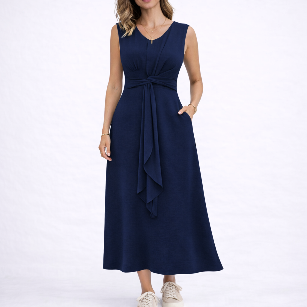 Women's Sleeveless Midi Dress with Waist Tie
