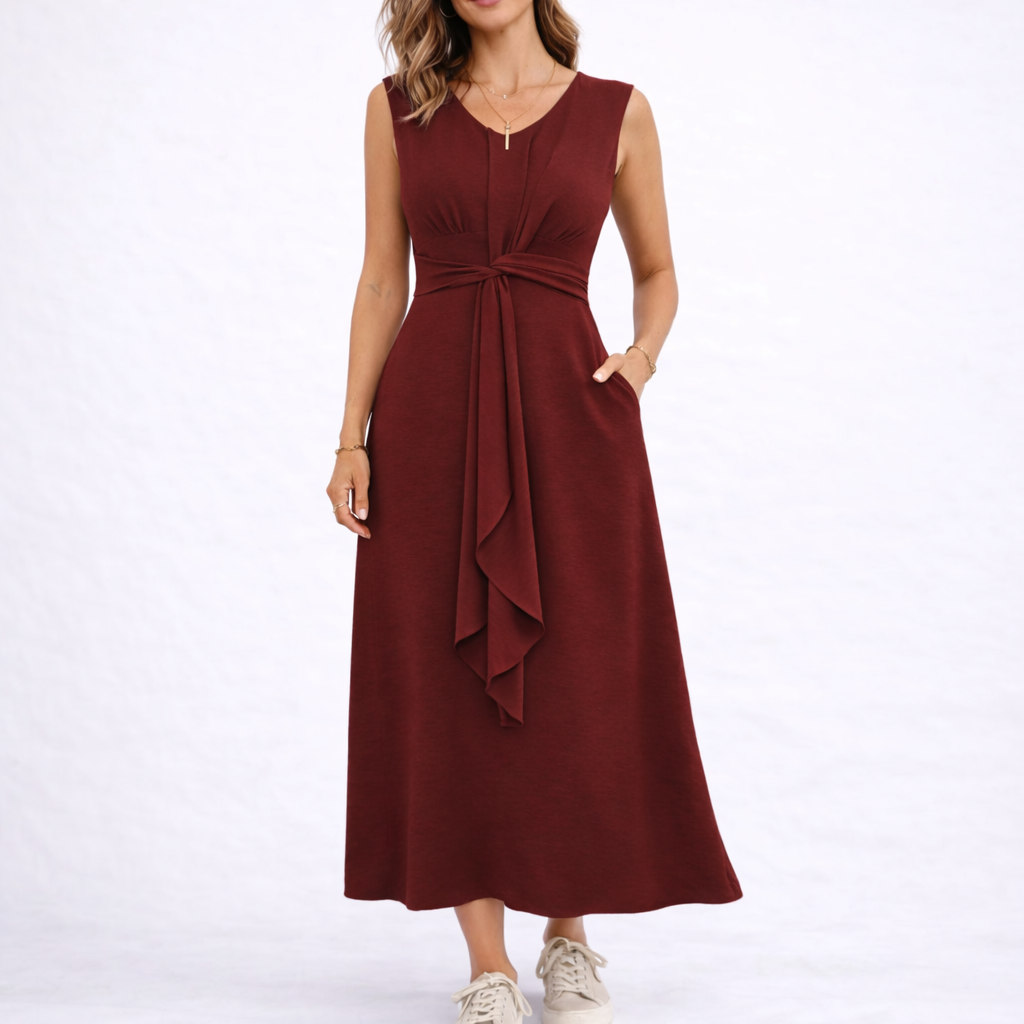 Women's Sleeveless Midi Dress with Waist Tie