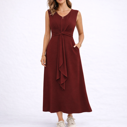 Women's Sleeveless Midi Dress with Waist Tie