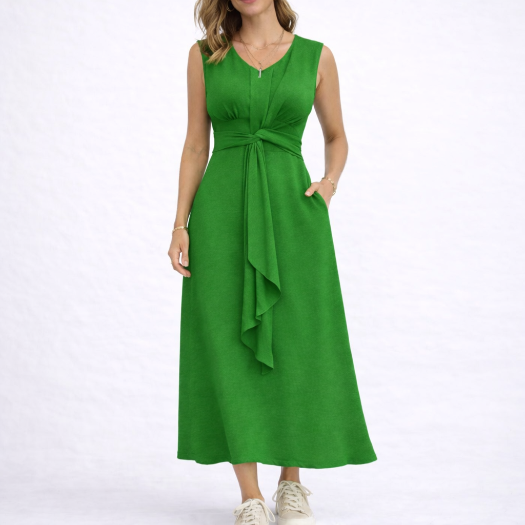 Women's Sleeveless Midi Dress with Waist Tie