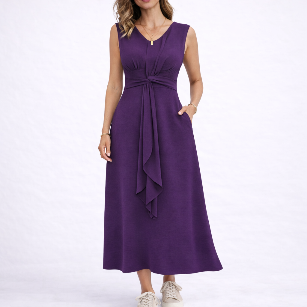 Women's Sleeveless Midi Dress with Waist Tie