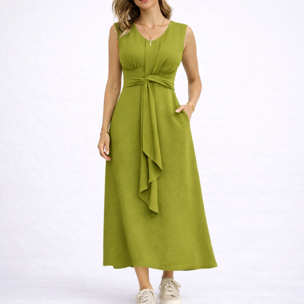 Women's Sleeveless Midi Dress with Waist Tie