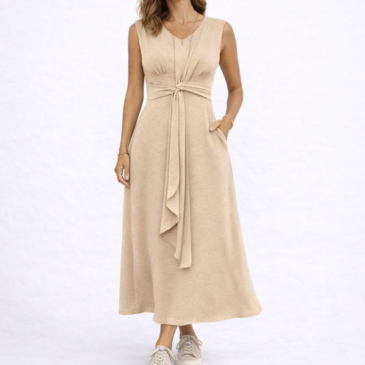 Women's Sleeveless Midi Dress with Waist Tie