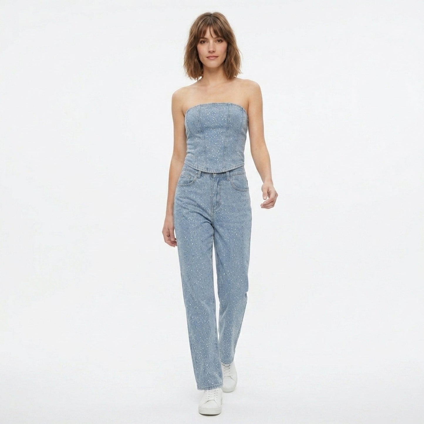 Women's Strapless Crystal Embellished Trouser Set