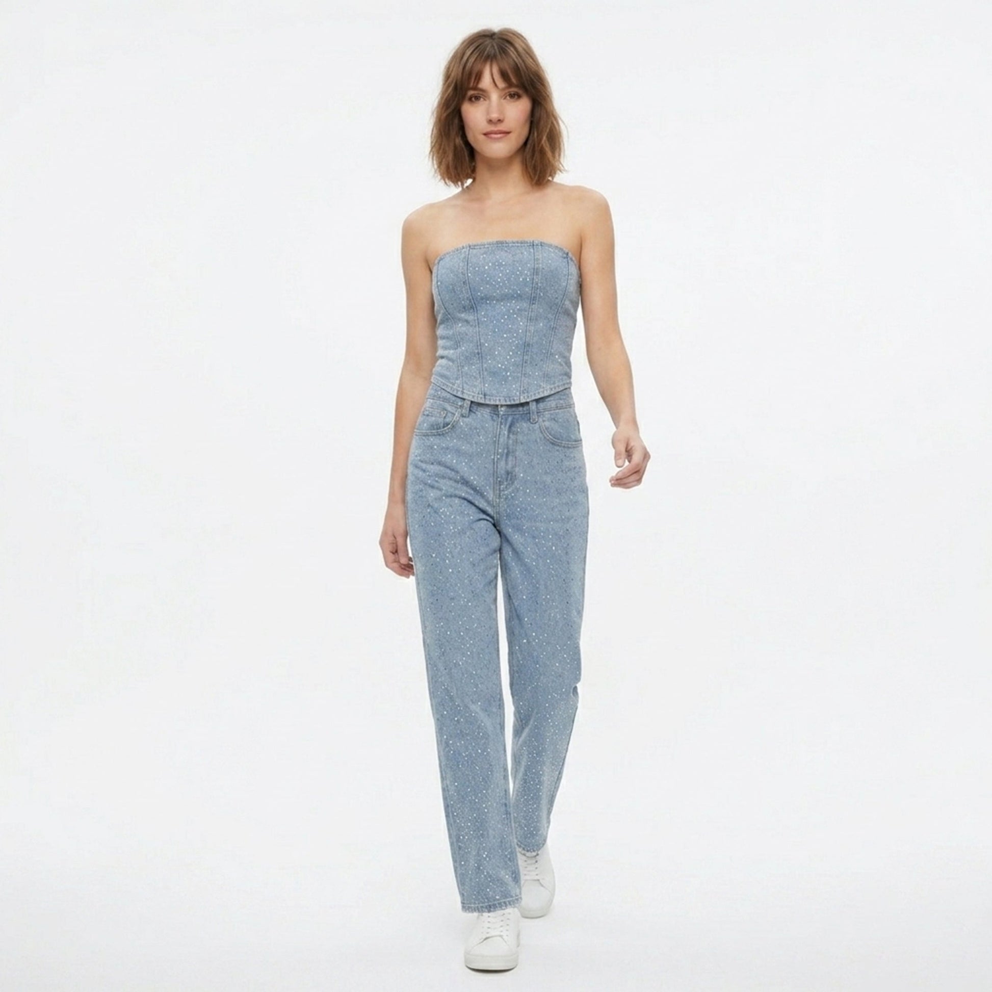 Women's Strapless Crystal Embellished Trouser Set