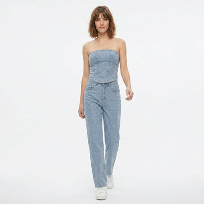 Women's Strapless Crystal Embellished Trouser Set