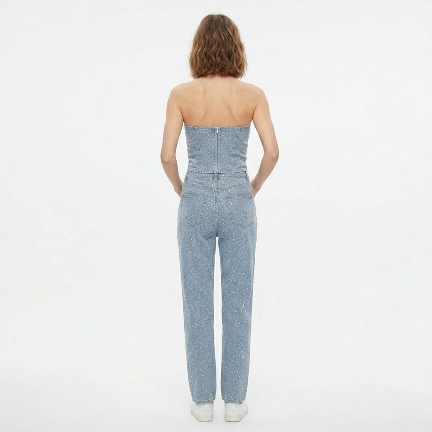 Women's Strapless Crystal Embellished Trouser Set
