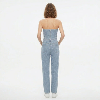 Women's Strapless Crystal Embellished Trouser Set