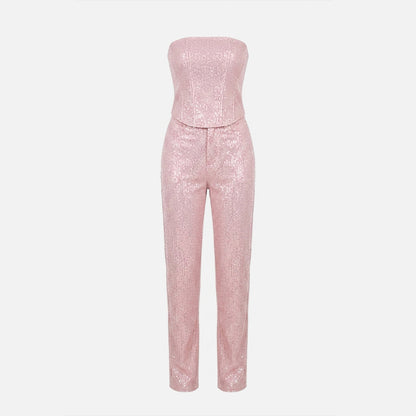 Women's Strapless Crystal Embellished Trouser Set