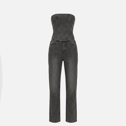 Women's Strapless Crystal Embellished Trouser Set