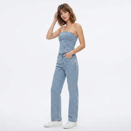 Women's Strapless Crystal Embellished Trouser Set