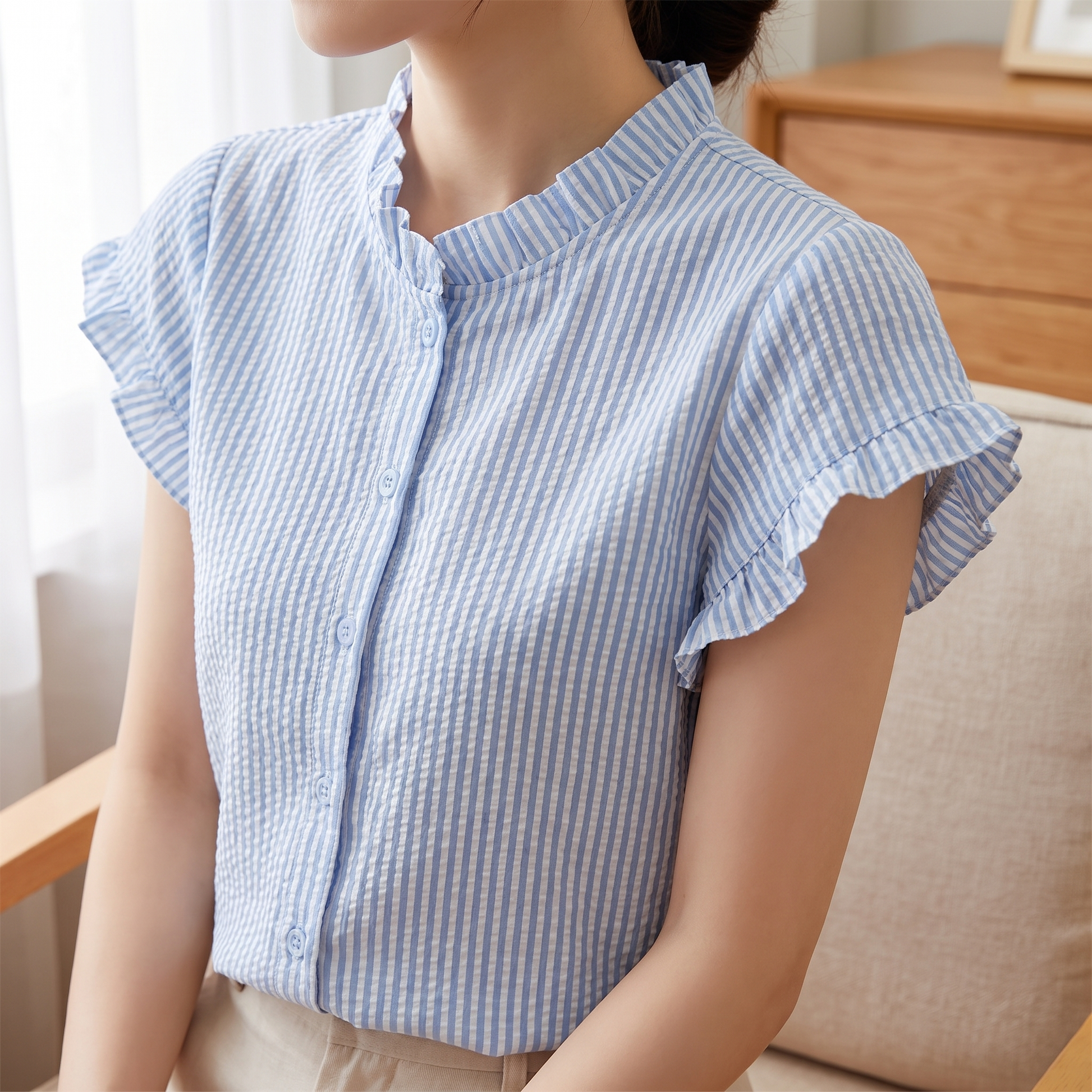 Women's Stripe Frill Collar Blouse