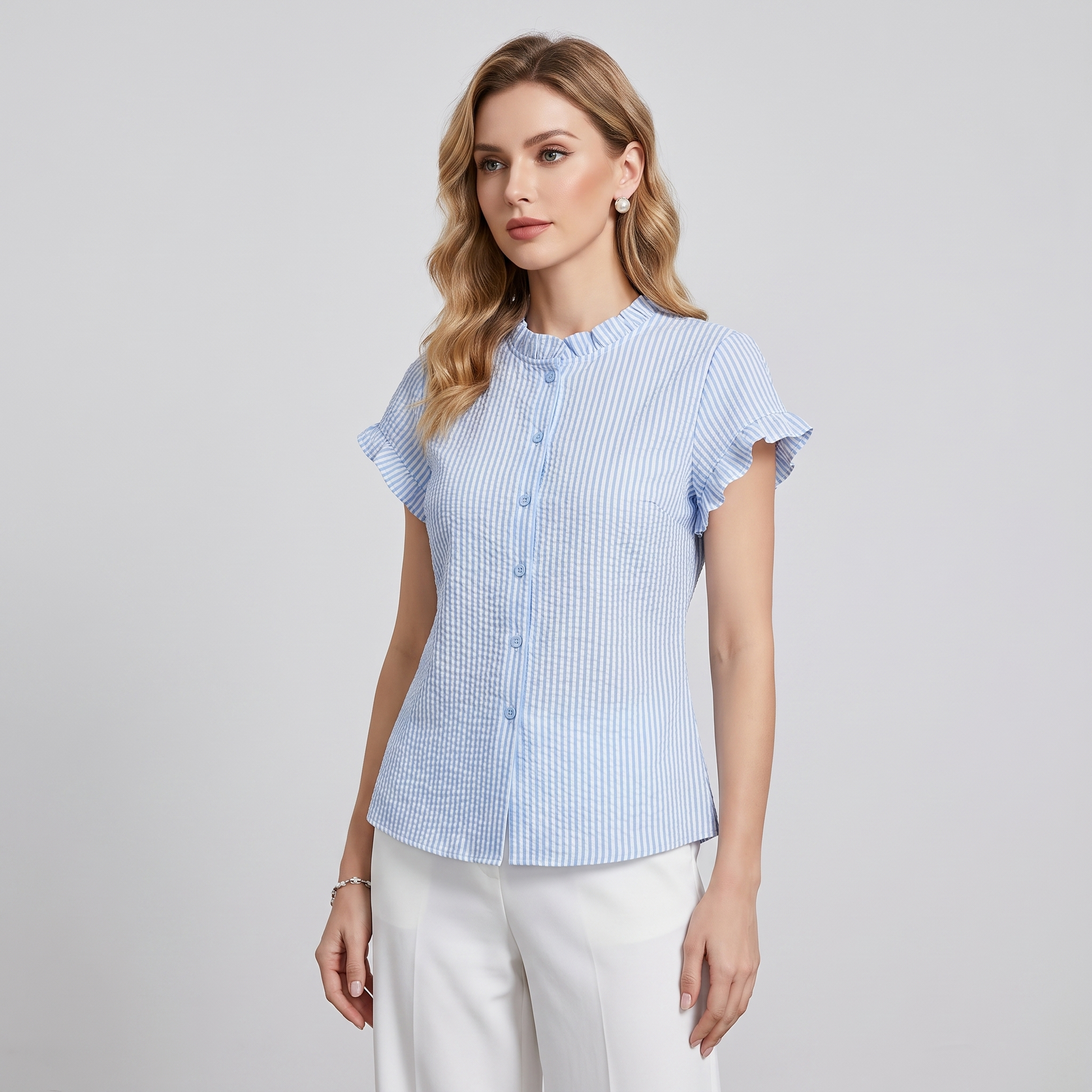 Women's Stripe Frill Collar Blouse