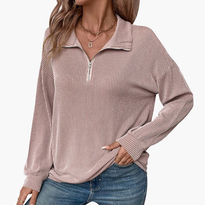 Women's Striped Rib Knit Sweater with Half Zipper