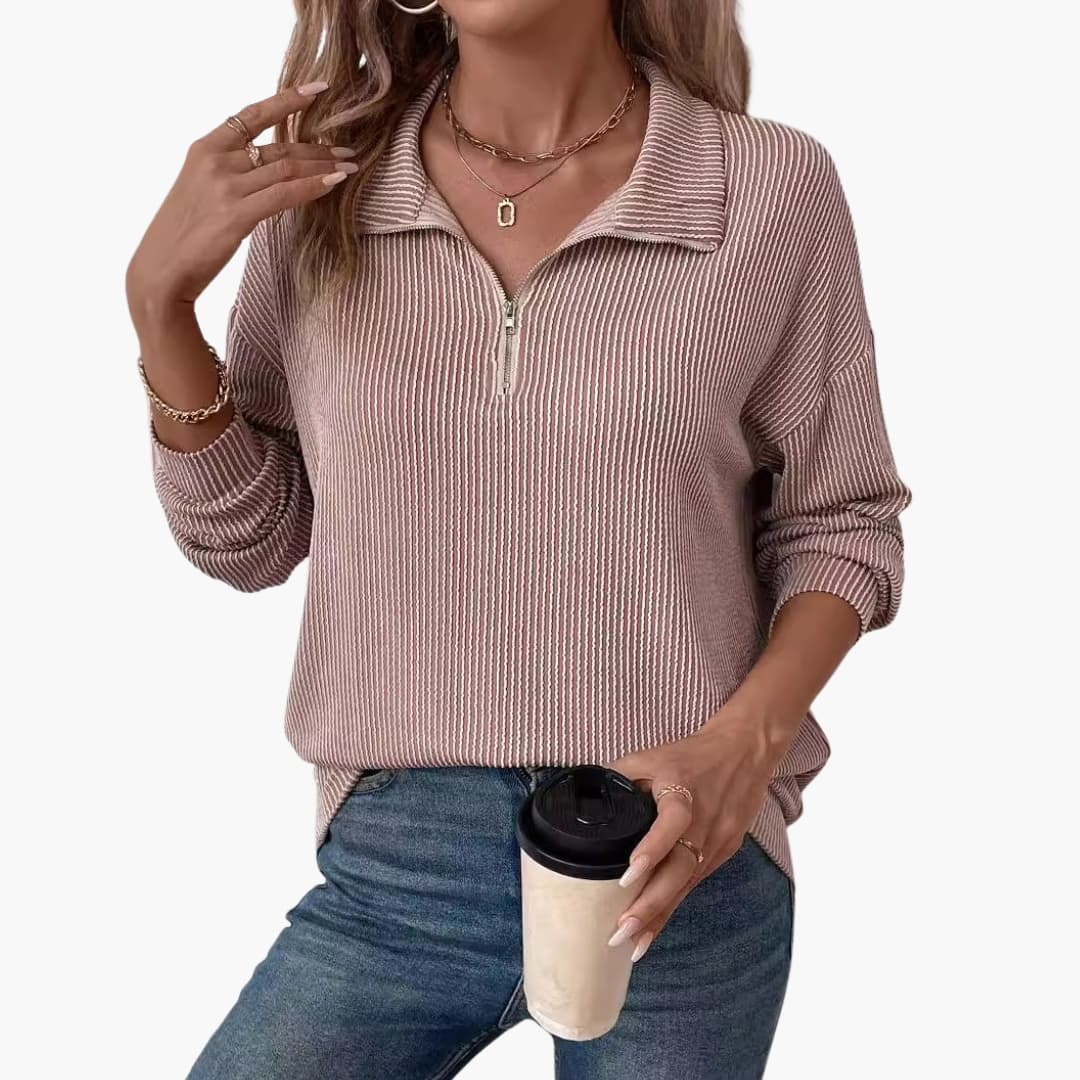 Women's Striped Rib Knit Sweater with Half Zipper