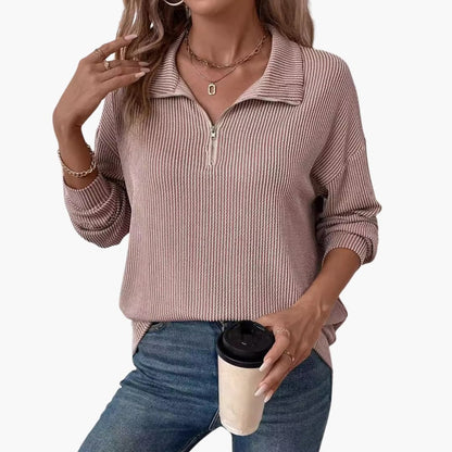 Women's Striped Rib Knit Sweater with Half Zipper