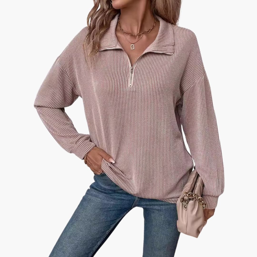 Women's Striped Rib Knit Sweater with Half Zipper