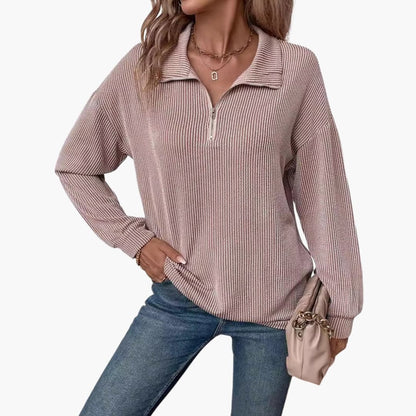Women's Striped Rib Knit Sweater with Half Zipper